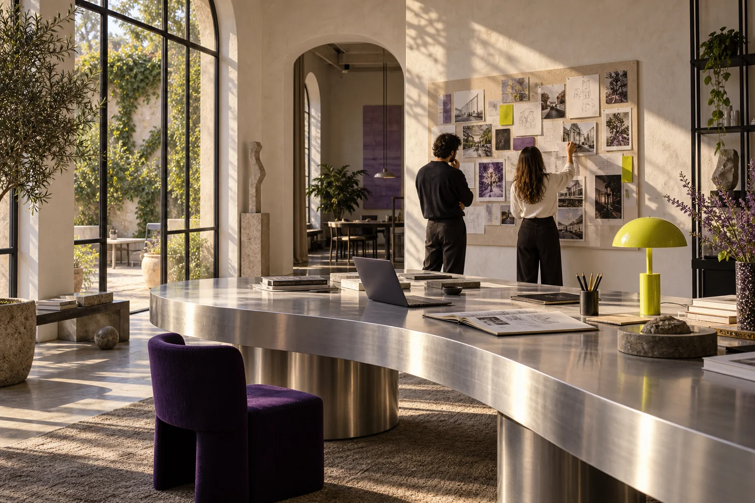 Escena conceptual de un estudio donde conviven creatividad, estrategia y tecnología